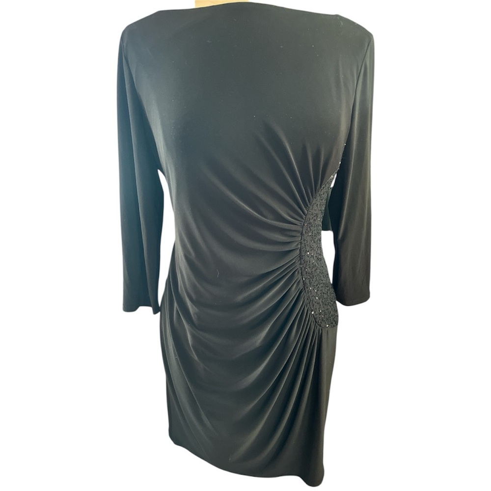 Nine West Retro Black 3/4 Sleeve Dress boat neckline sequin side detail Size 12